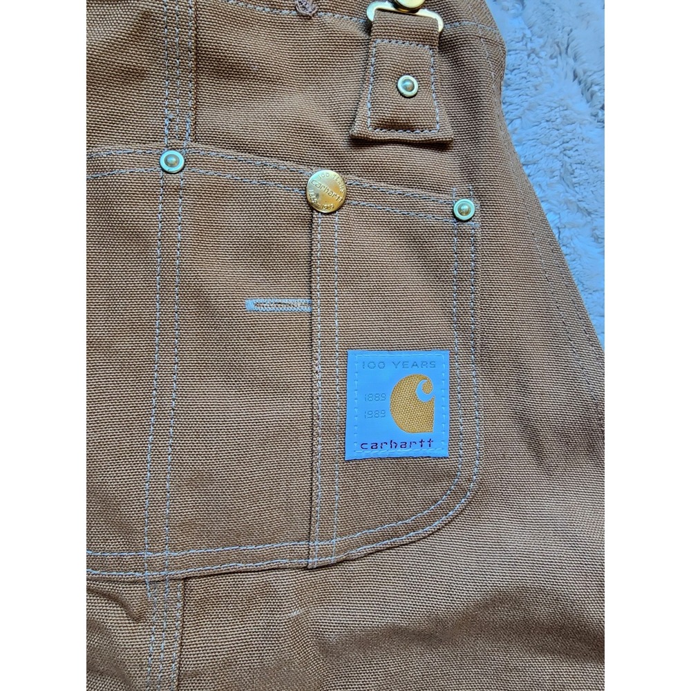 Vintage Carhartt 100 Year Anniversary Brown Duck Carpenter Bib Overalls 32x34 - Picture 4 of 9